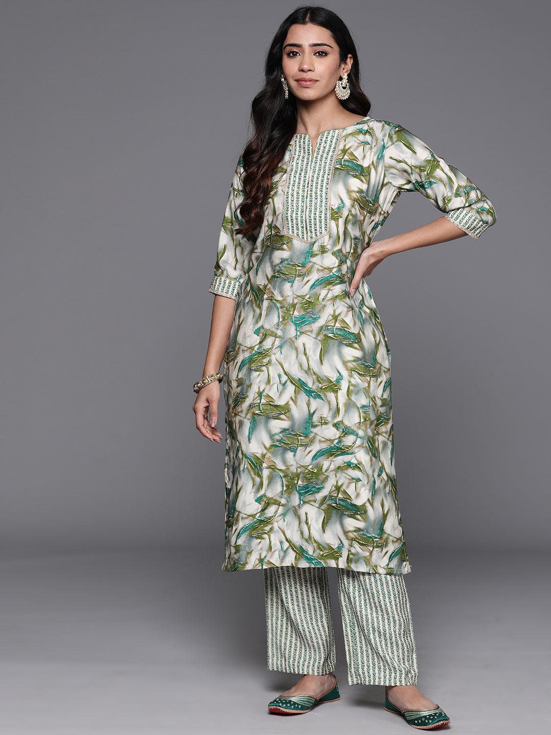 Green Printed Silk Blend Straight Kurta With Palazzos - ShopLibas