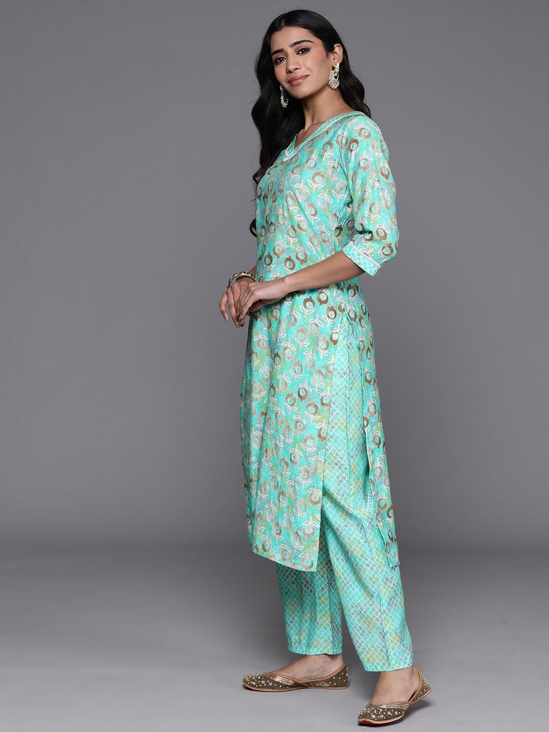 Green Printed Silk Blend Straight Kurta Set