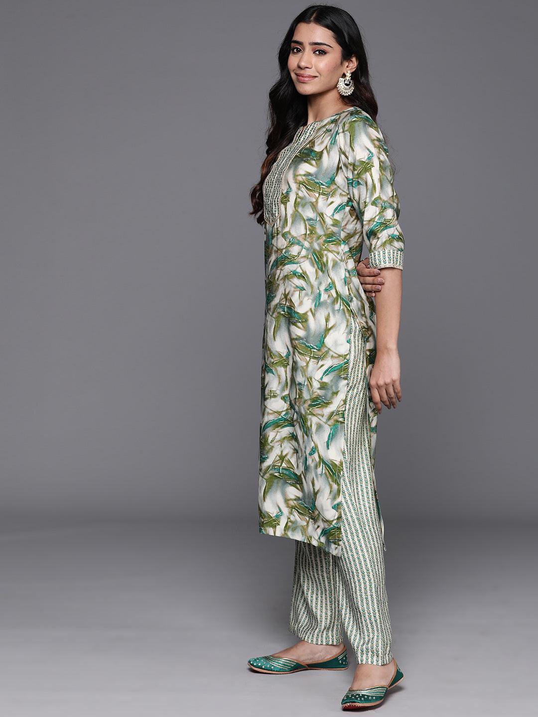 Green Printed Silk Blend Straight Kurta With Palazzos - ShopLibas