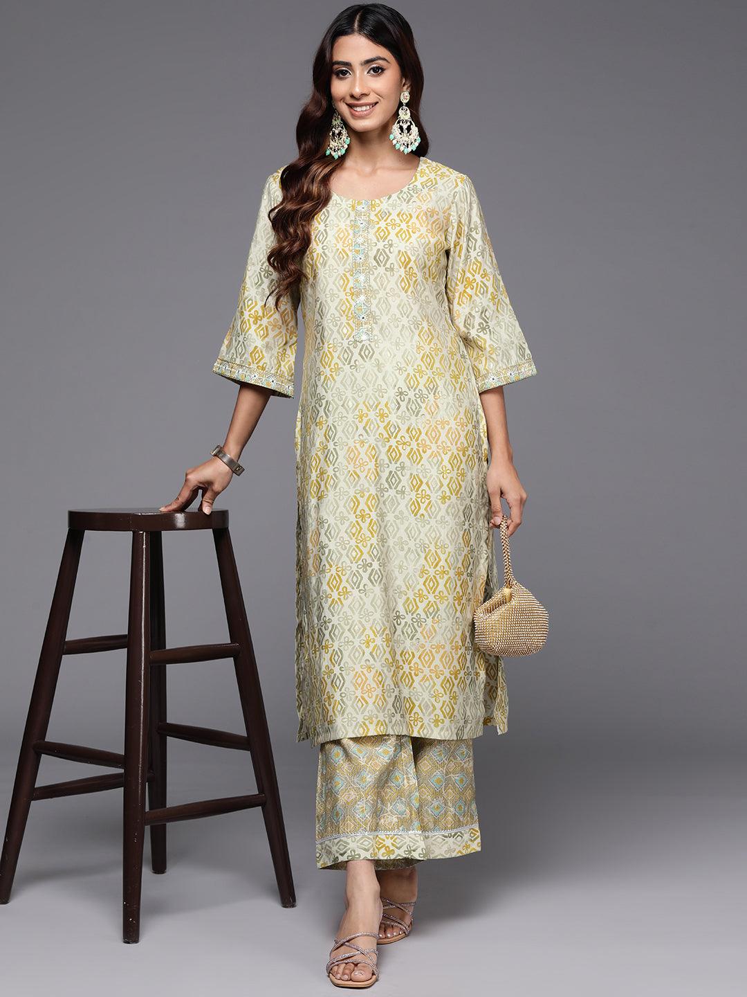 Green Printed Silk Blend Straight Kurta With Palazzos - ShopLibas