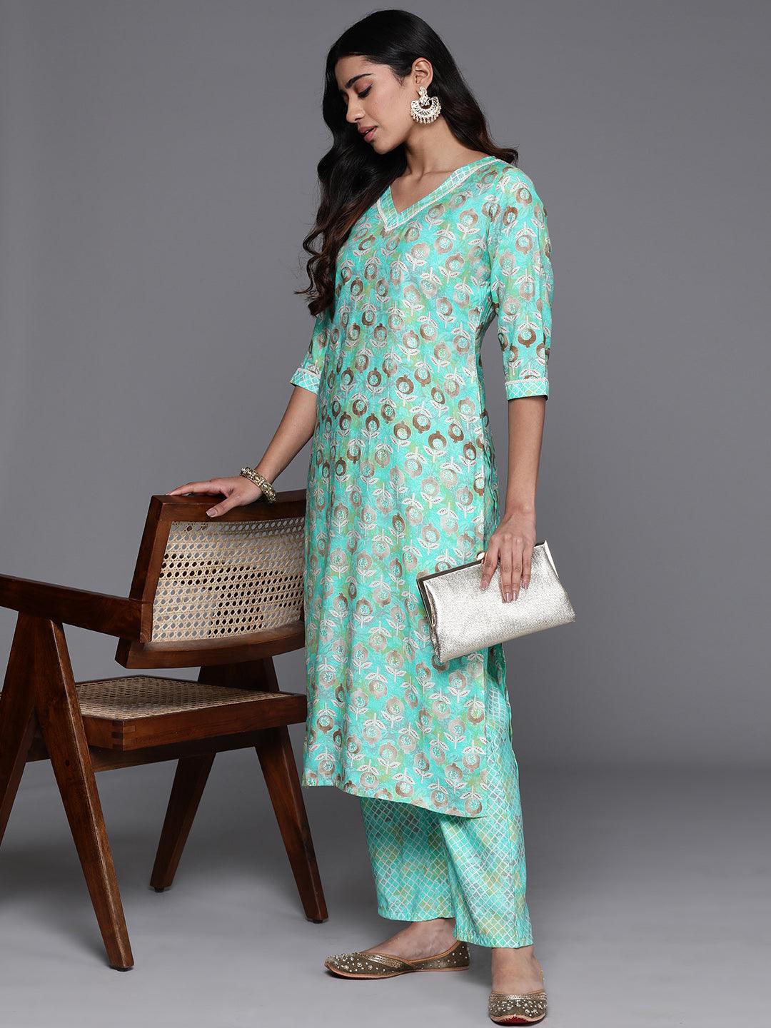 Green Printed Silk Blend Straight Kurta Set