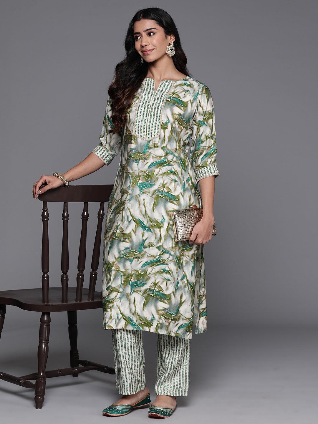 Green Printed Silk Blend Straight Kurta Set