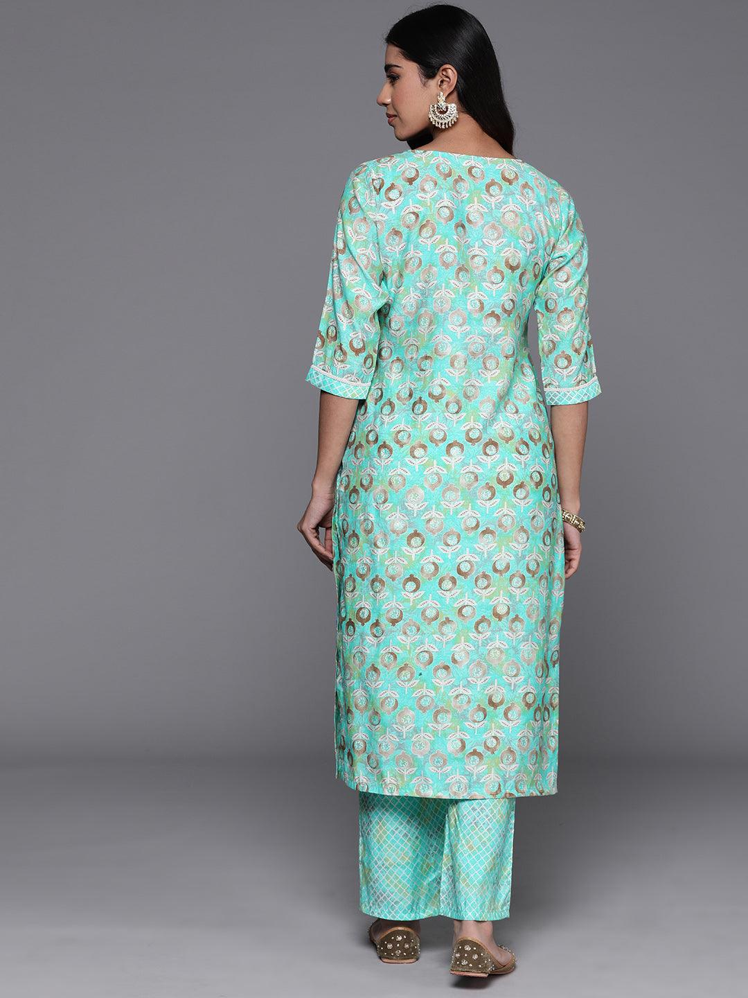 Green Printed Silk Blend Straight Kurta Set