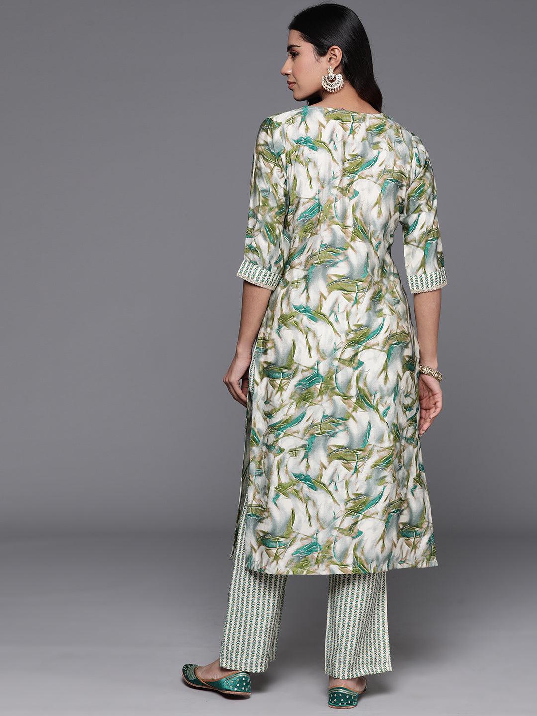 Green Printed Silk Blend Straight Kurta With Palazzos - ShopLibas