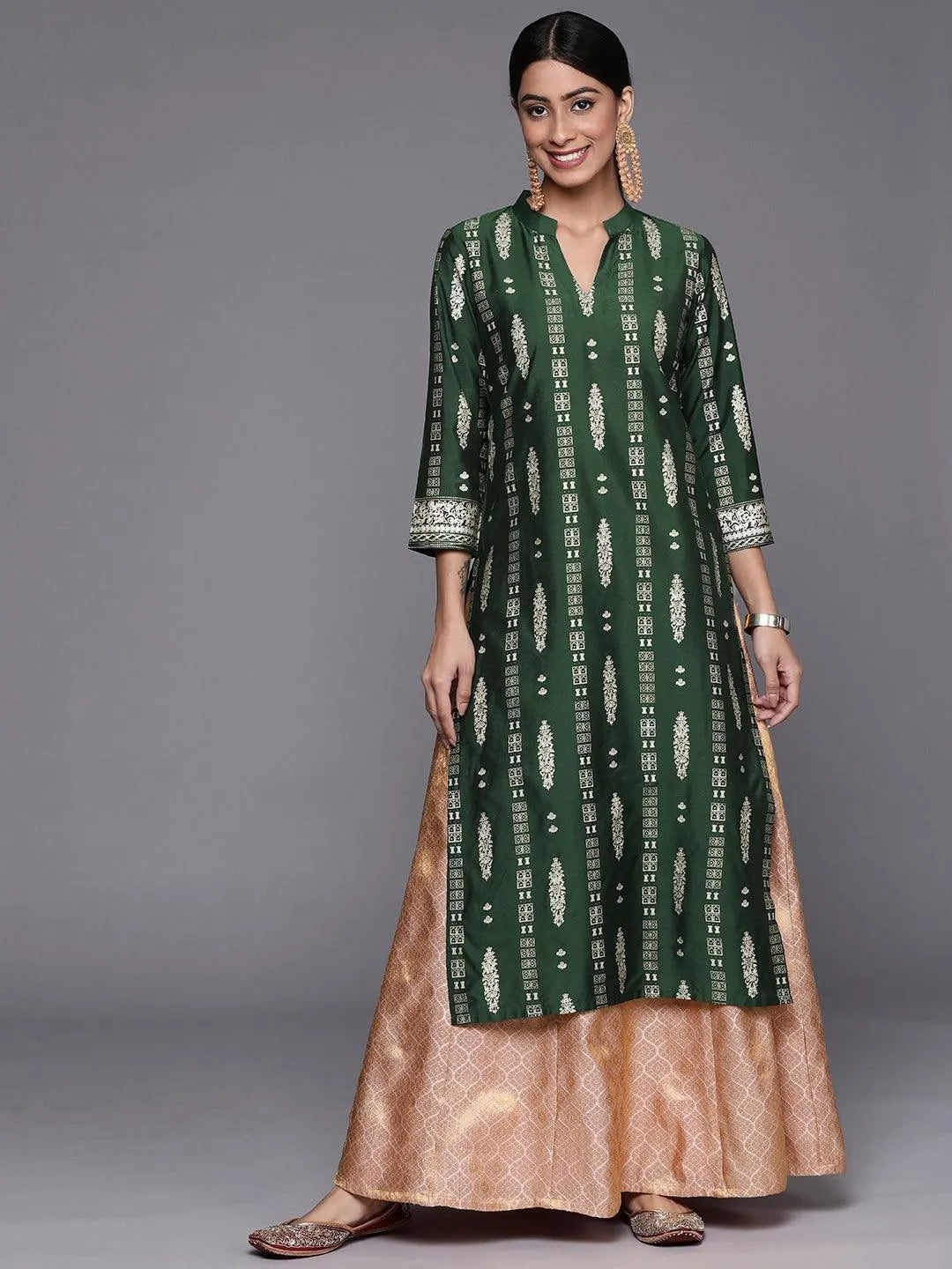 Green Printed Silk Straight Kurta - ShopLibas