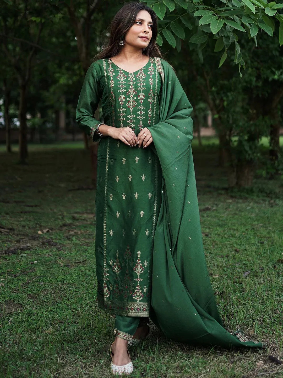 Green Self Design Silk Suit Set