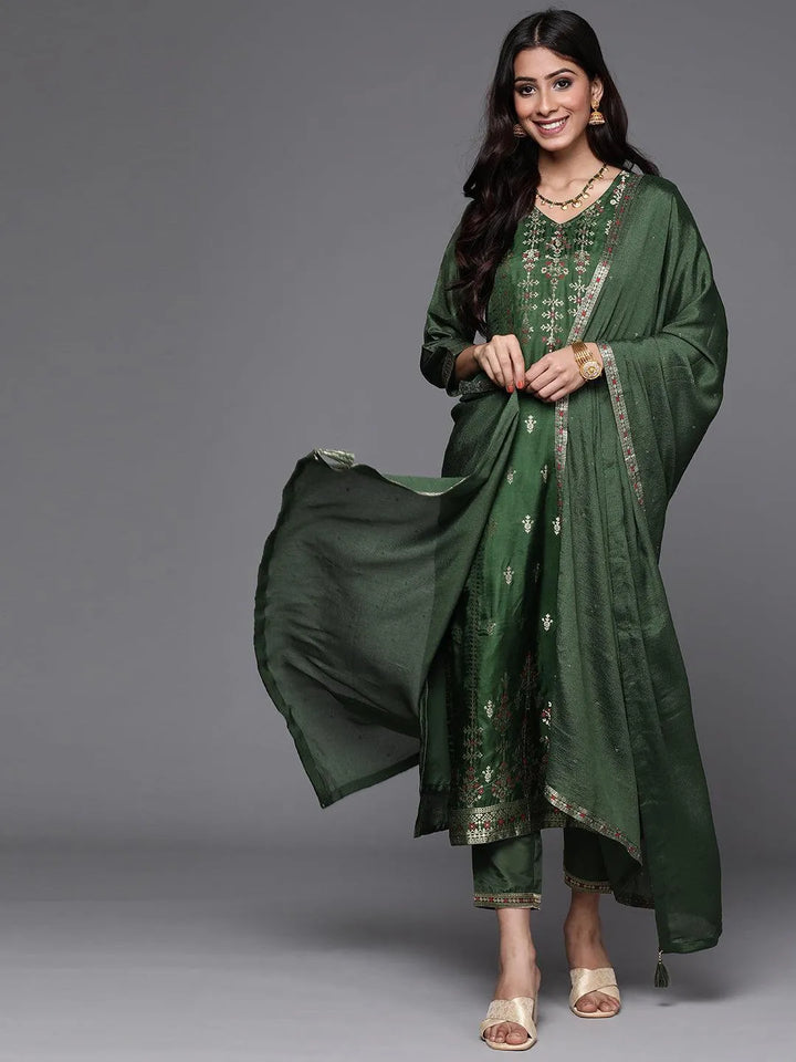 Green Self Design Silk Suit Set - ShopLibas