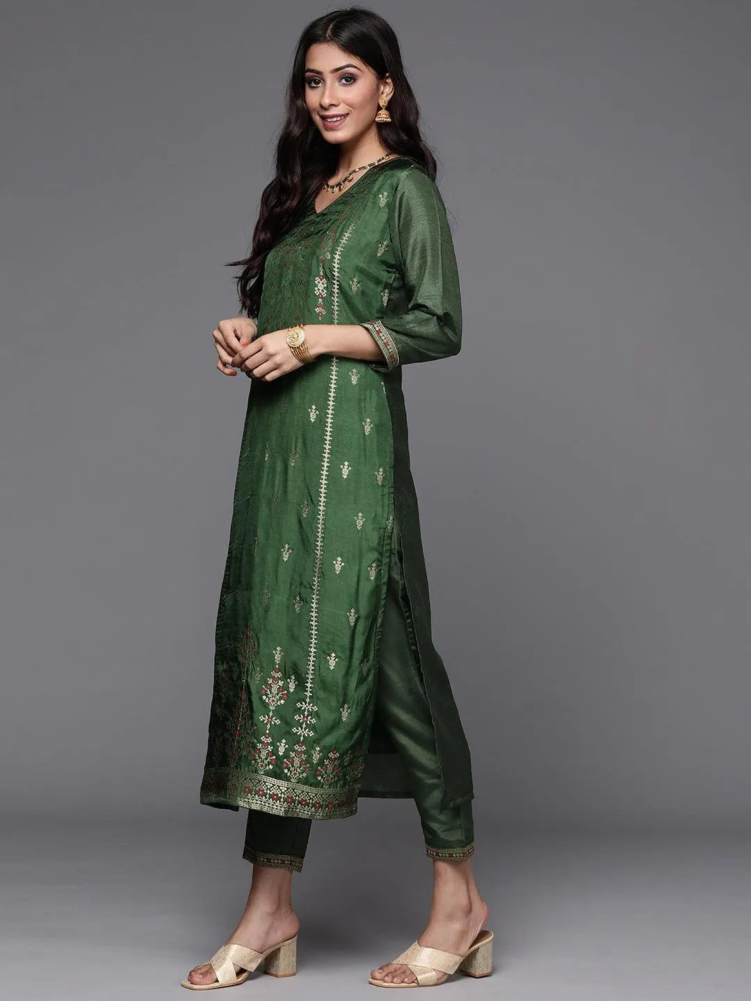 Green Self Design Silk Suit Set - ShopLibas