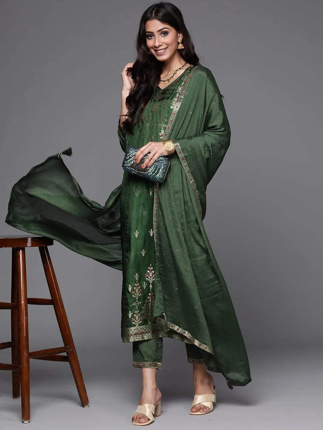 Green Self Design Silk Suit Set