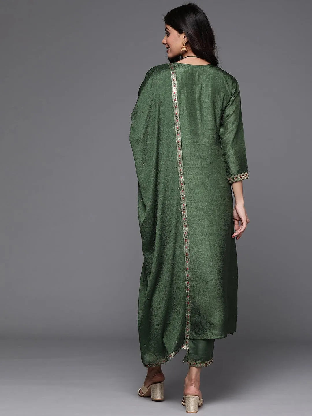 Green Self Design Silk Suit Set