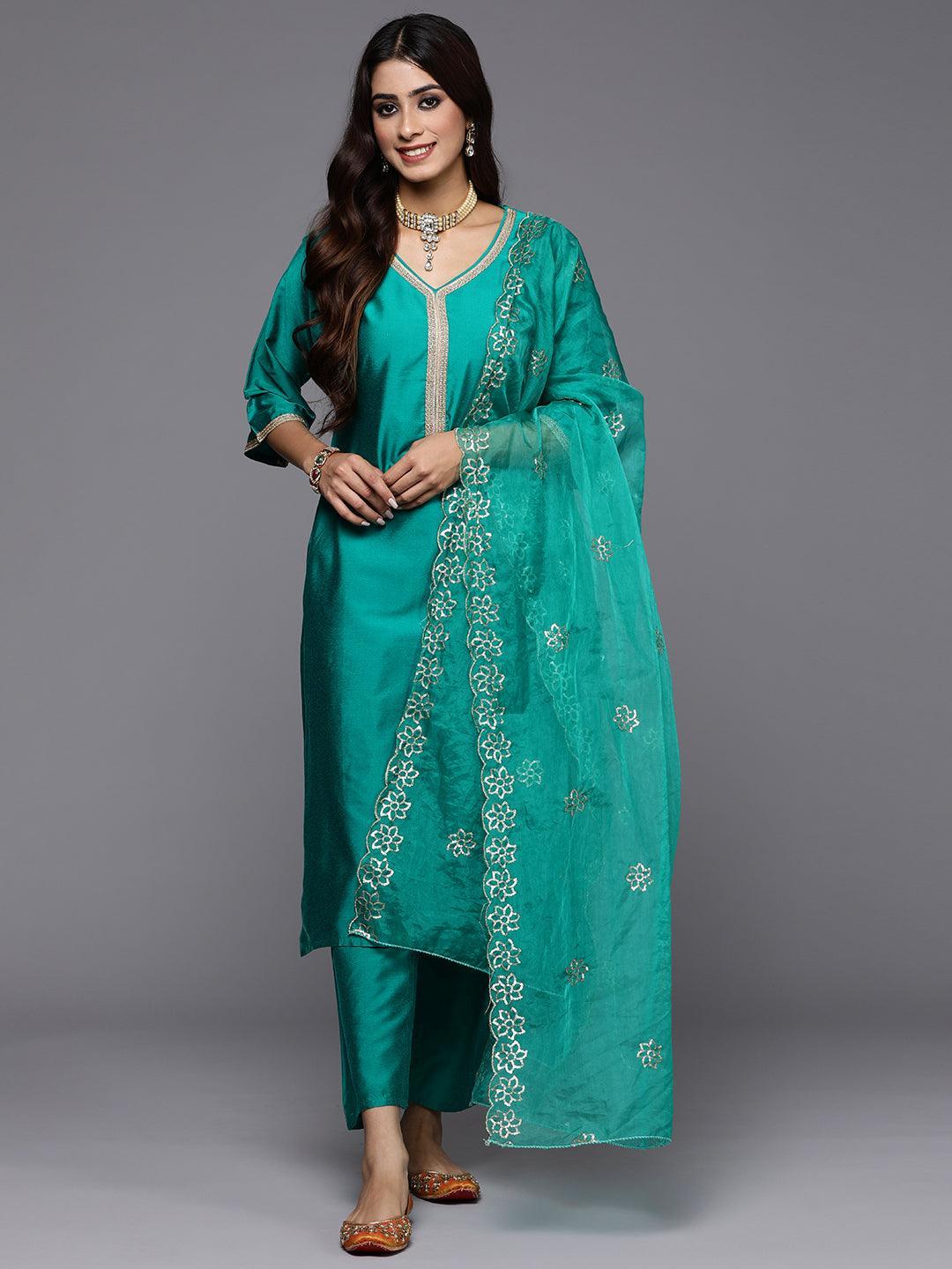 Green Solid Silk Blend Straight Kurta With Trousers & Dupatta - Libas