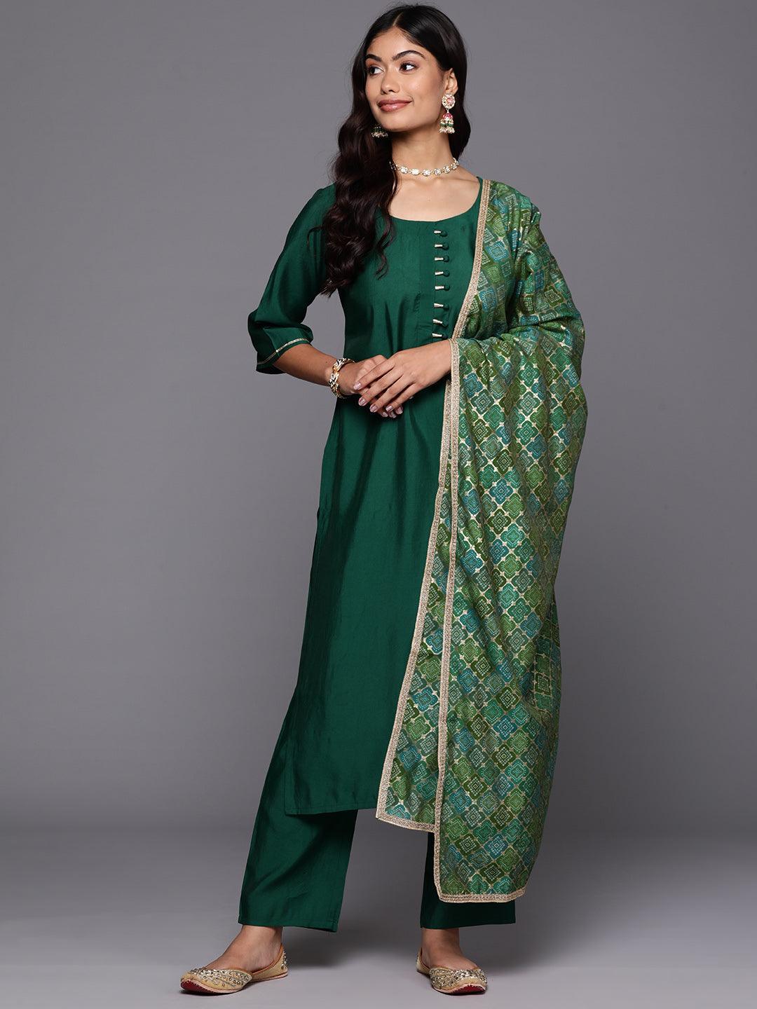 Green Solid Silk Blend Straight Kurta With Trousers & Dupatta - Libas