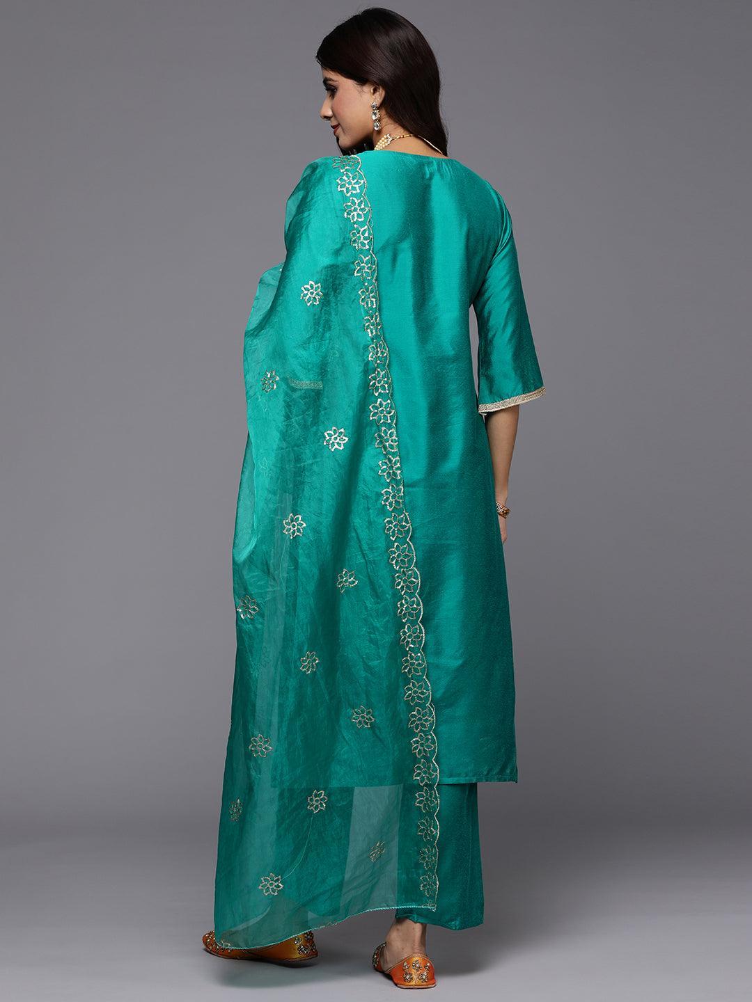 Green Solid Silk Blend Straight Kurta With Trousers & Dupatta - Libas