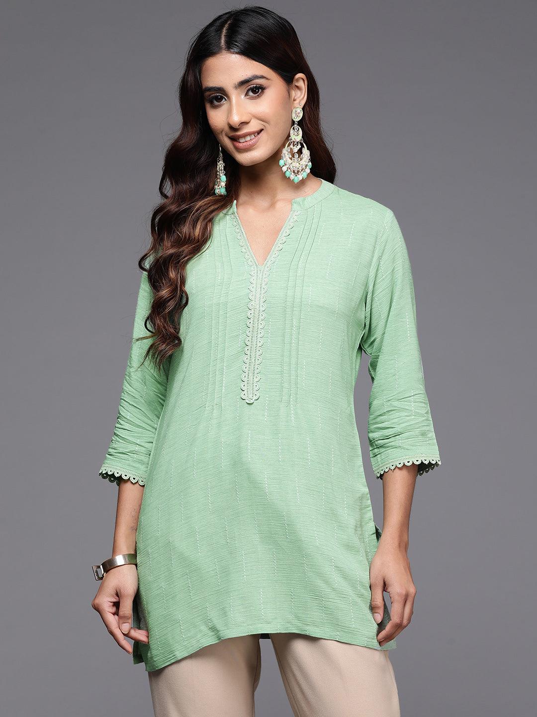 Green Woven Design Cotton Blend Straight Kurti