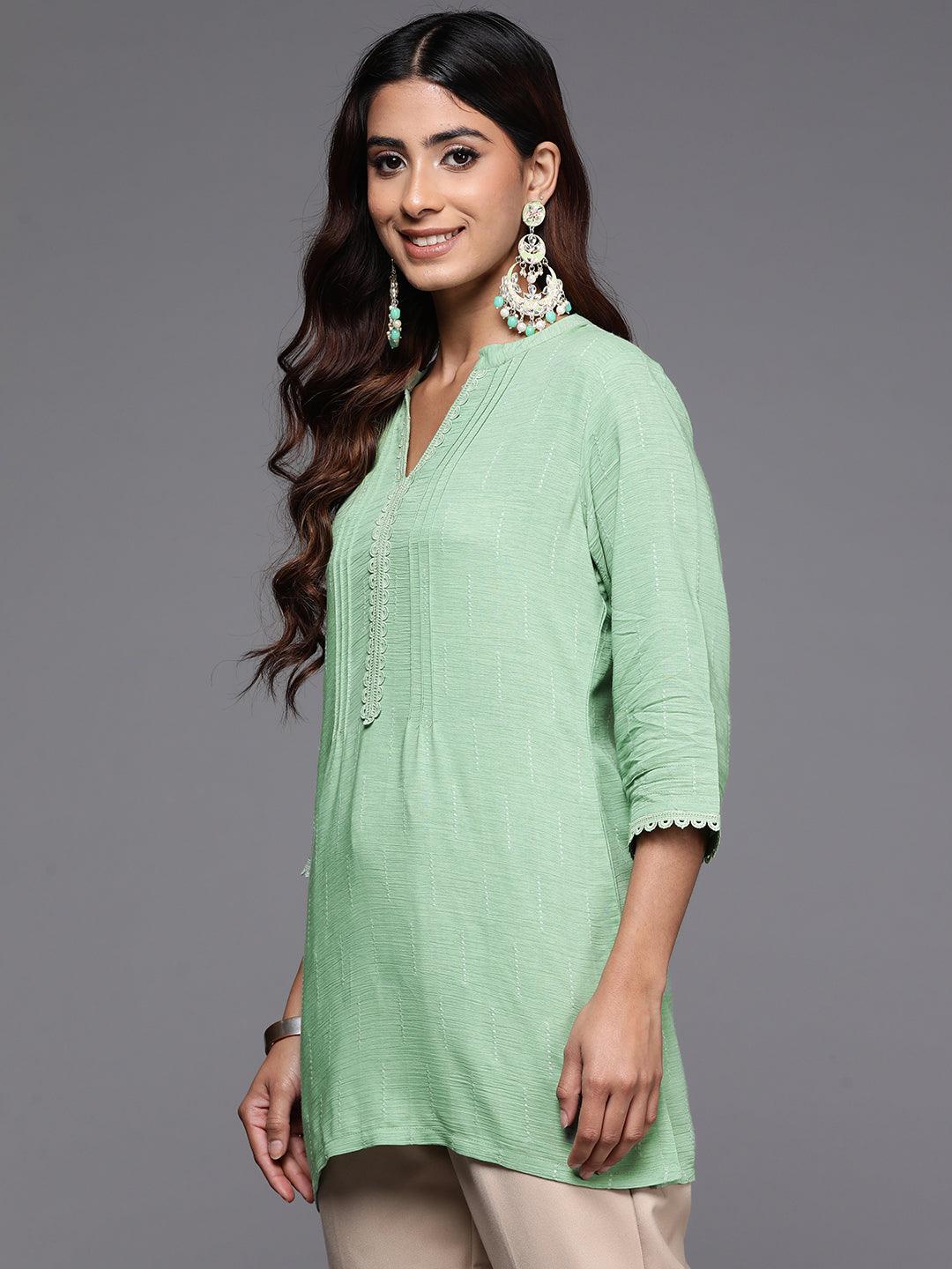 Green Woven Design Cotton Blend Straight Kurti