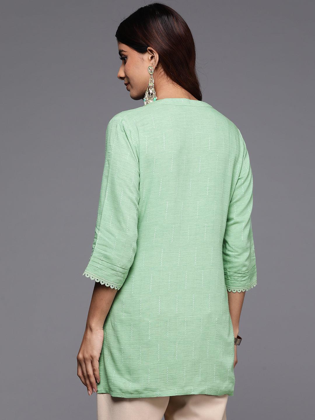 Green Woven Design Cotton Blend Straight Kurti