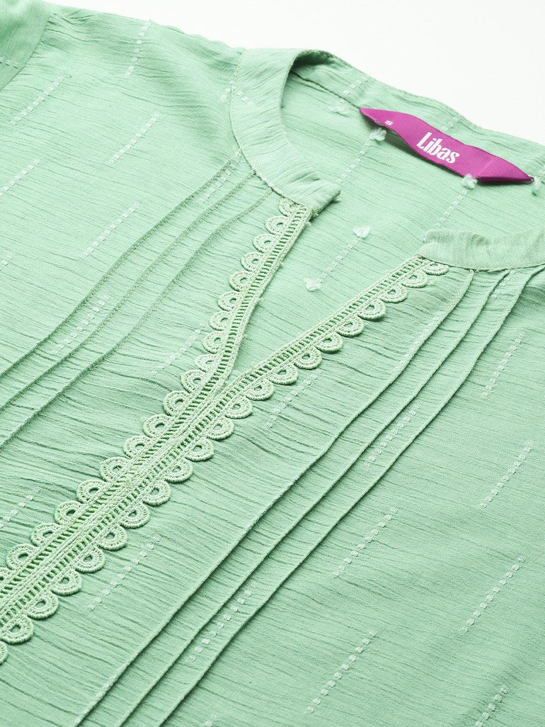 Green Woven Design Cotton Blend Straight Kurti