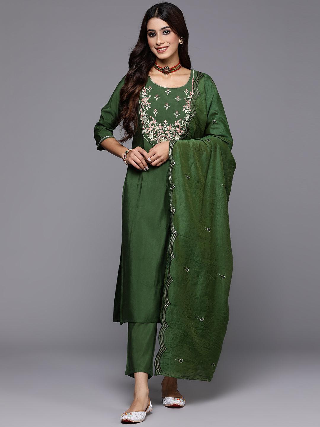 Green Yoke Design Silk Blend Straight Kurta With Trousers & Dupatta - Libas