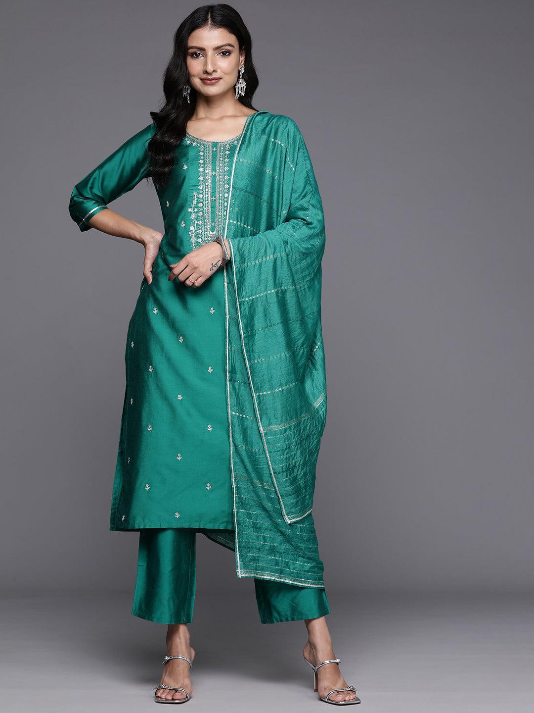 Green Yoke Design Silk Blend Straight Kurta With Trousers & Dupatta - Libas