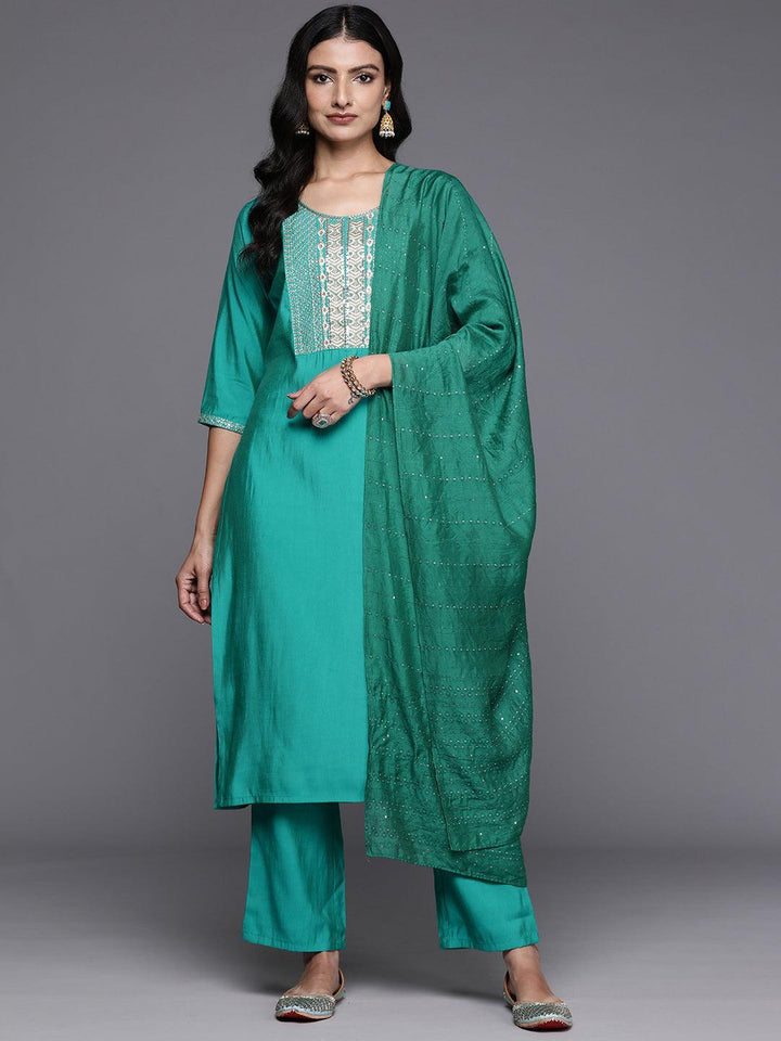 Green Yoke Design Silk Blend Straight Kurta With Trousers & Dupatta - Libas