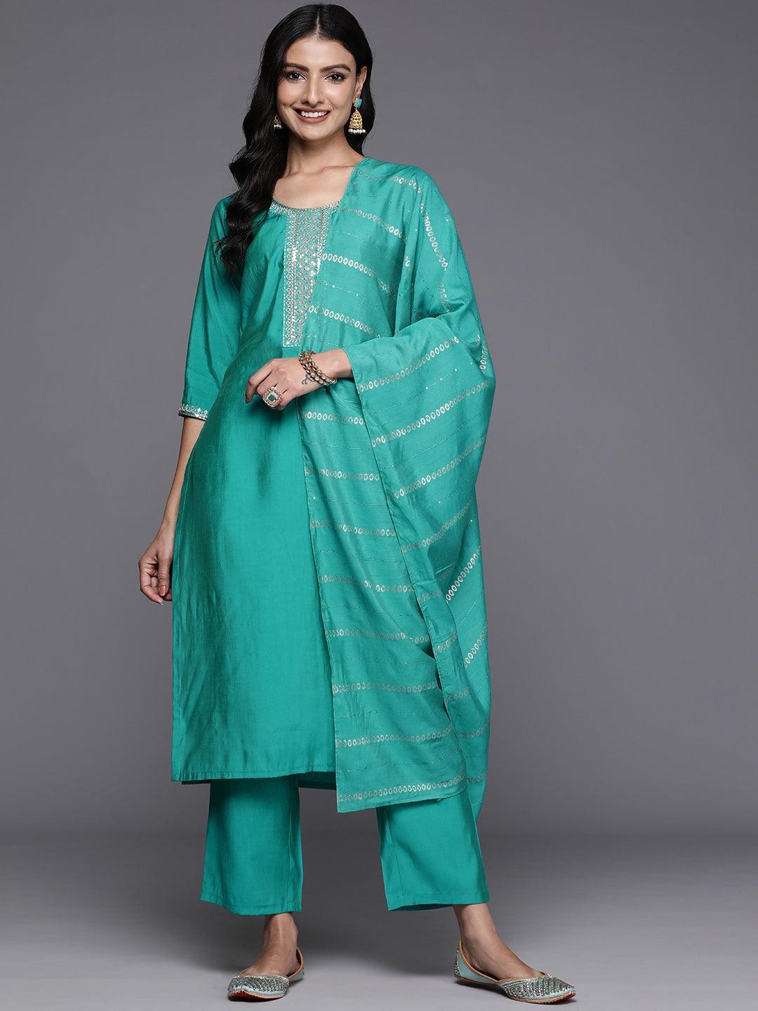 Green Yoke Design Silk Blend Straight Suit With Dupatta