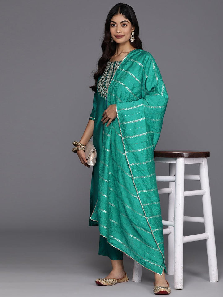 Green Yoke Design Silk Blend Straight Kurta With Trousers & Dupatta - Libas