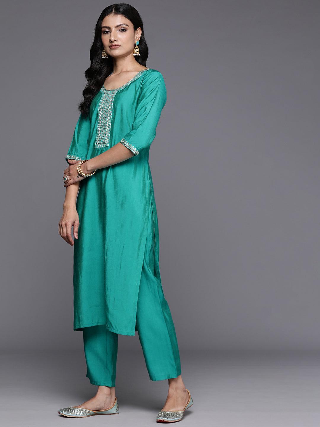 Green Yoke Design Silk Blend Straight Suit With Dupatta