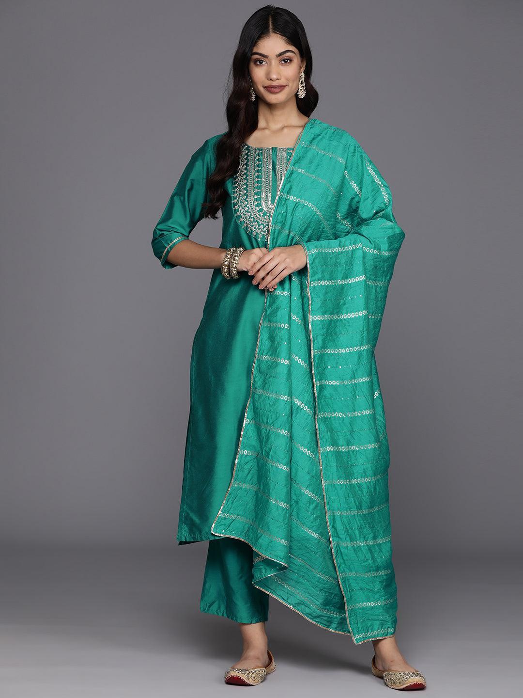 Green Yoke Design Silk Blend Straight Kurta With Trousers & Dupatta - Libas