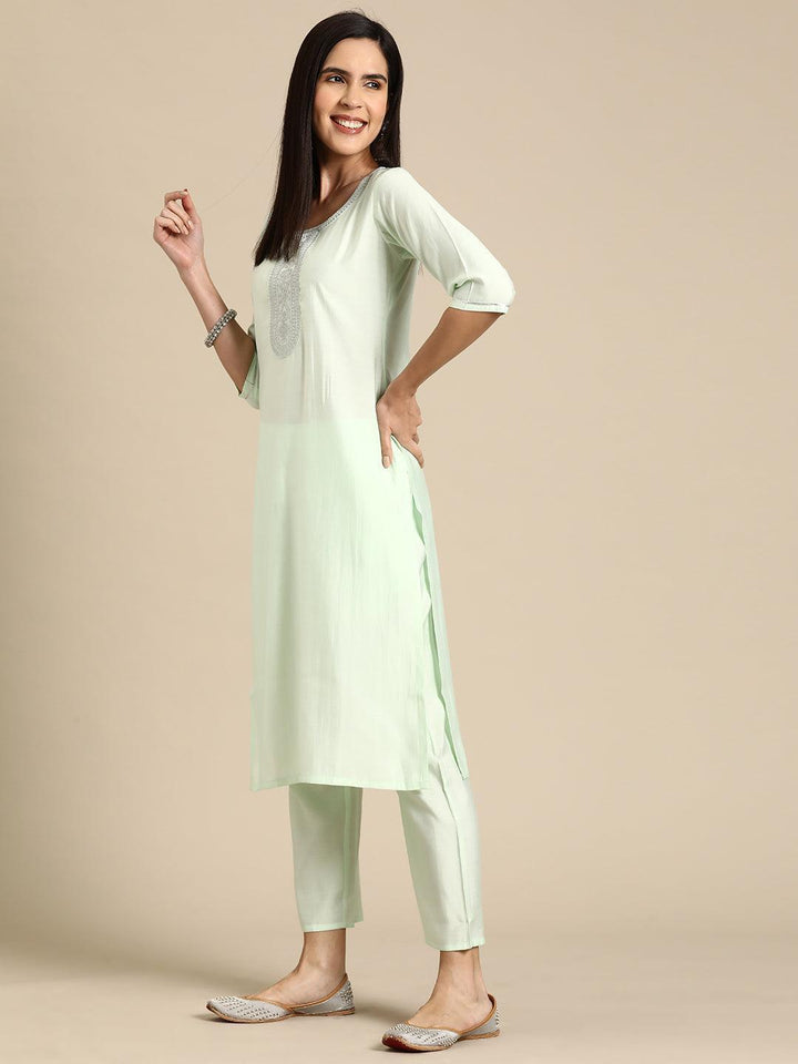 Green Yoke Design Silk Blend Straight Kurta With Trousers & Dupatta - Libas