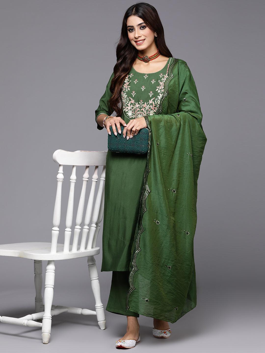 Green Yoke Design Silk Blend Straight Kurta With Trousers & Dupatta - Libas