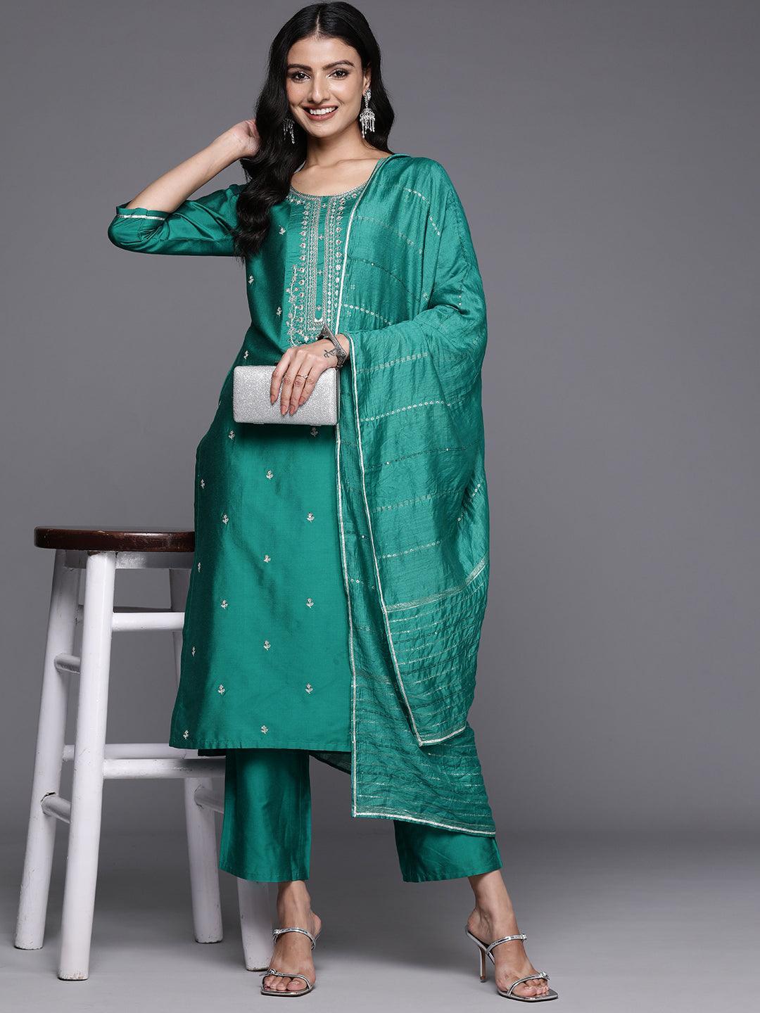 Green Yoke Design Silk Blend Straight Kurta With Trousers & Dupatta - Libas