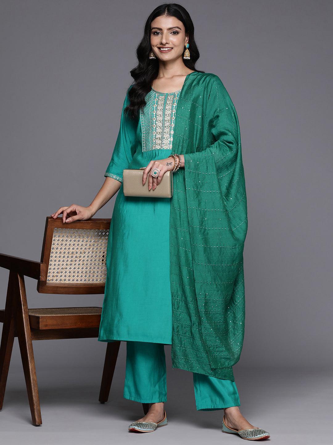 Green Yoke Design Silk Blend Straight Suit With Dupatta