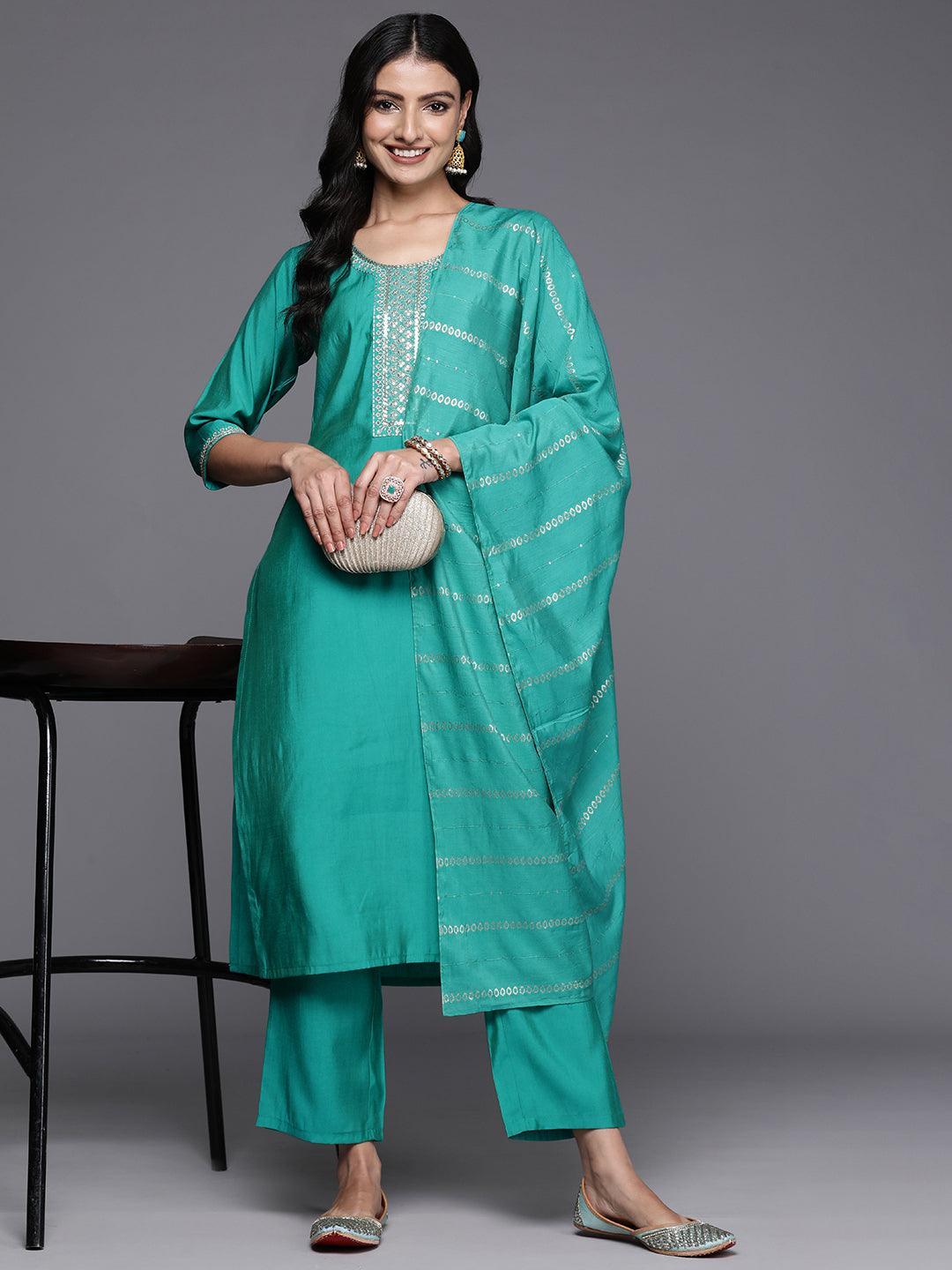 Green Yoke Design Silk Blend Straight Suit With Dupatta