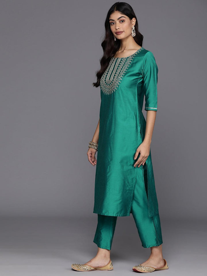 Green Yoke Design Silk Blend Straight Kurta With Trousers & Dupatta - Libas