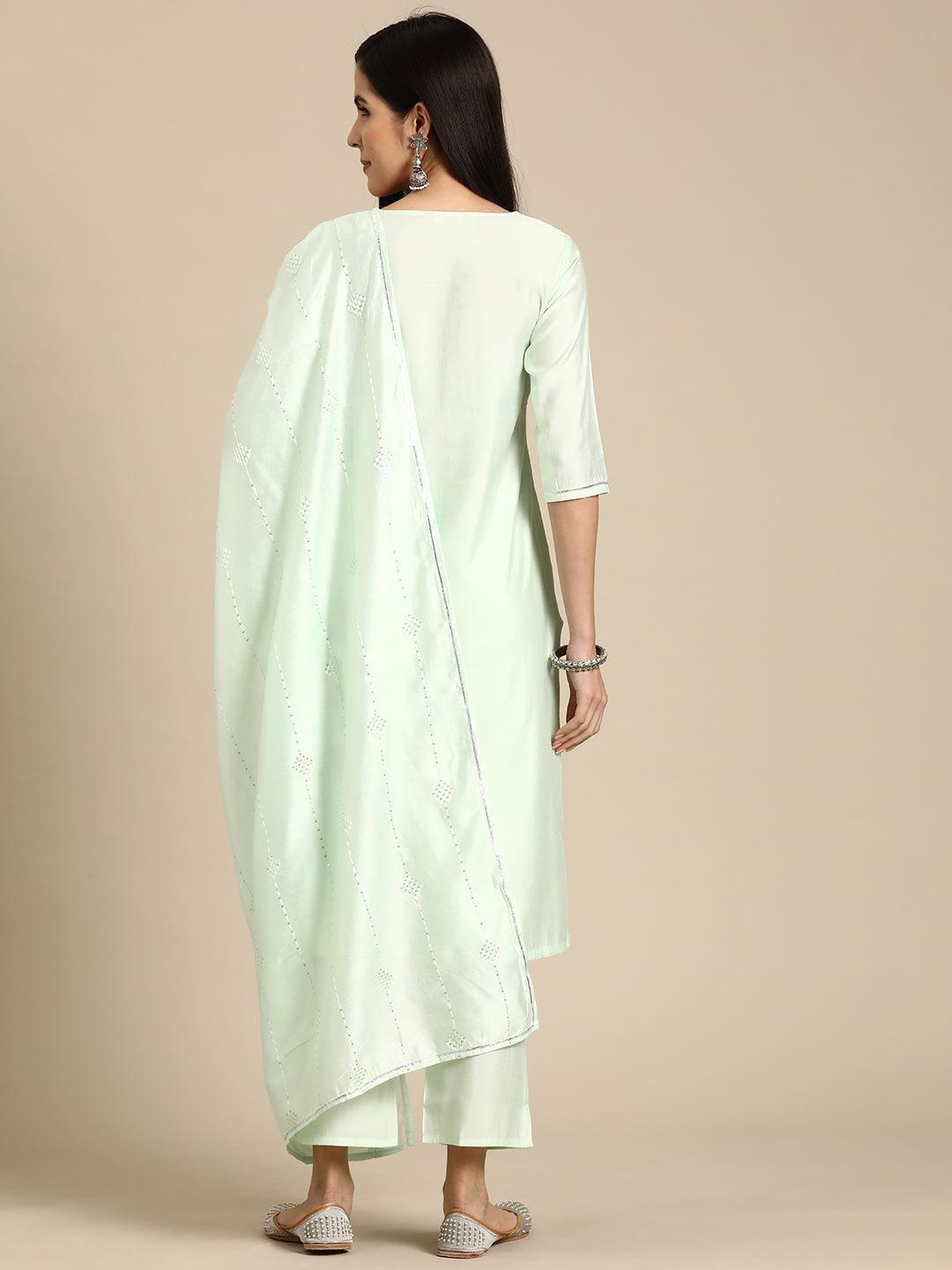 Green Yoke Design Silk Blend Straight Suit With Dupatta