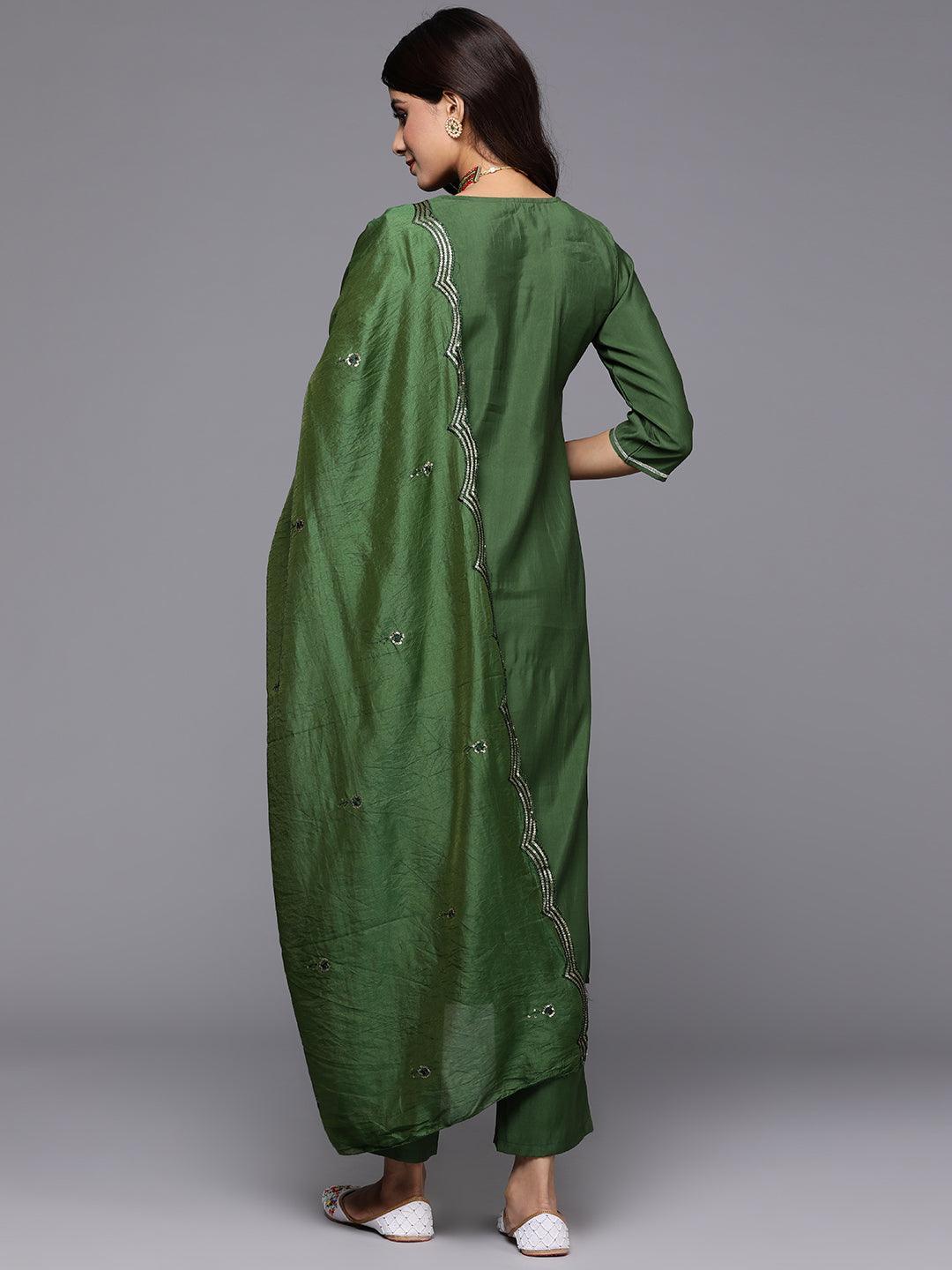 Green Yoke Design Silk Blend Straight Kurta With Trousers & Dupatta - Libas