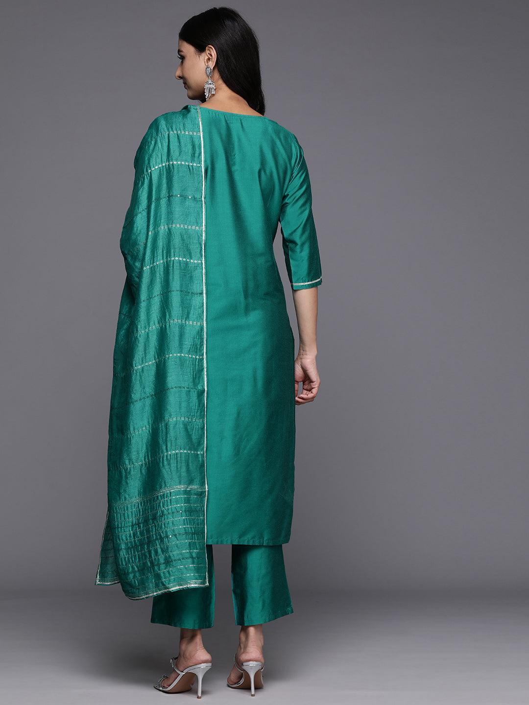 Green Yoke Design Silk Blend Straight Kurta With Trousers & Dupatta - Libas