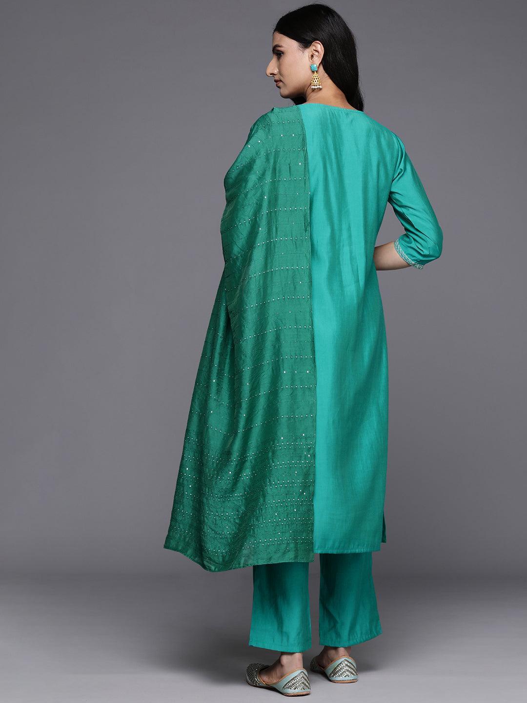 Green Yoke Design Silk Blend Straight Suit With Dupatta