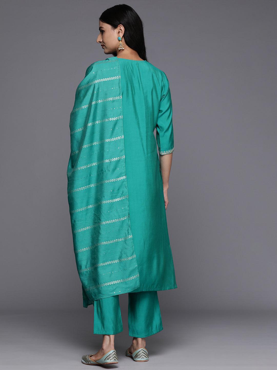 Green Yoke Design Silk Blend Straight Suit With Dupatta