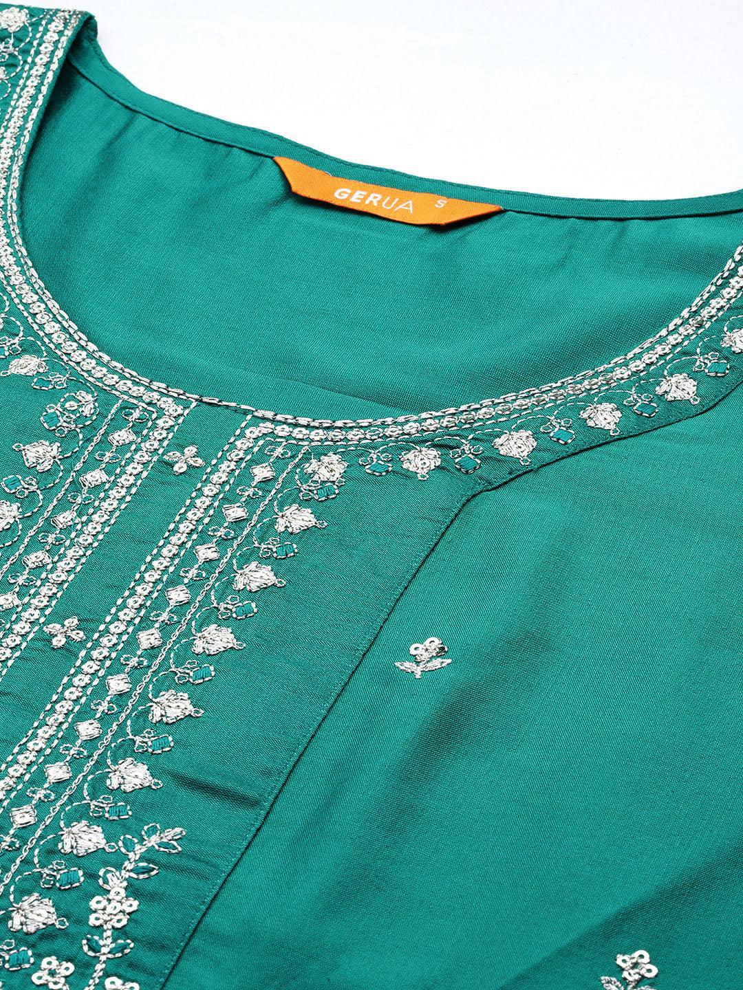 Green Yoke Design Silk Blend Straight Kurta With Trousers & Dupatta - Libas