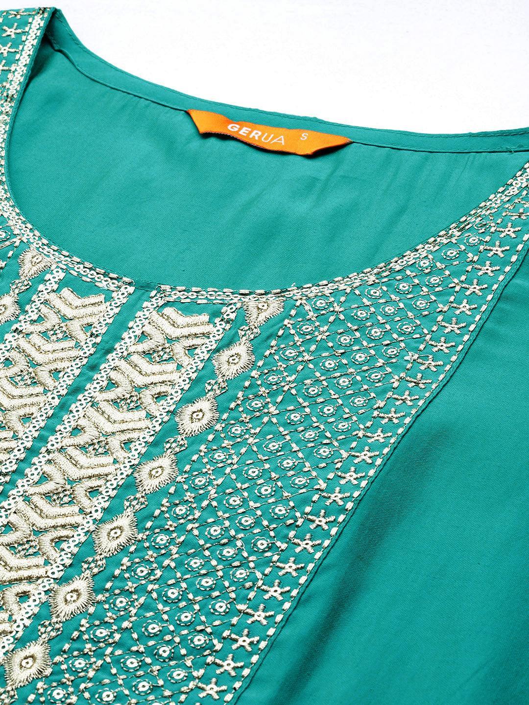 Green Yoke Design Silk Blend Straight Kurta With Trousers & Dupatta - Libas