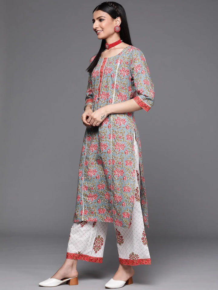 Grey Printed Cotton Suit Set - ShopLibas