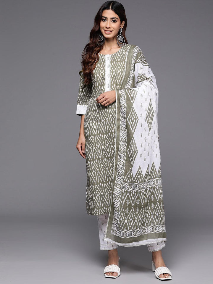 Grey Printed Cotton Straight Kurta With Trousers & Dupatta - ShopLibas