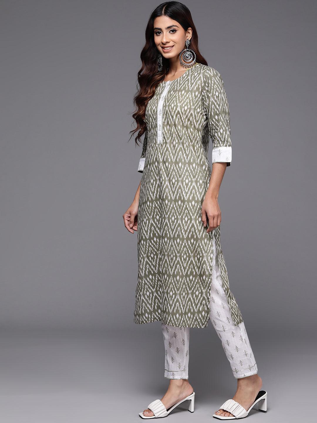 Grey Printed Cotton Straight Suit With Dupatta