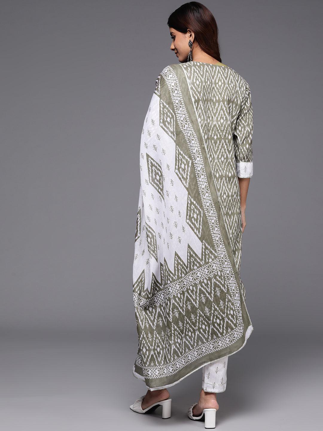 Grey Printed Cotton Straight Suit With Dupatta