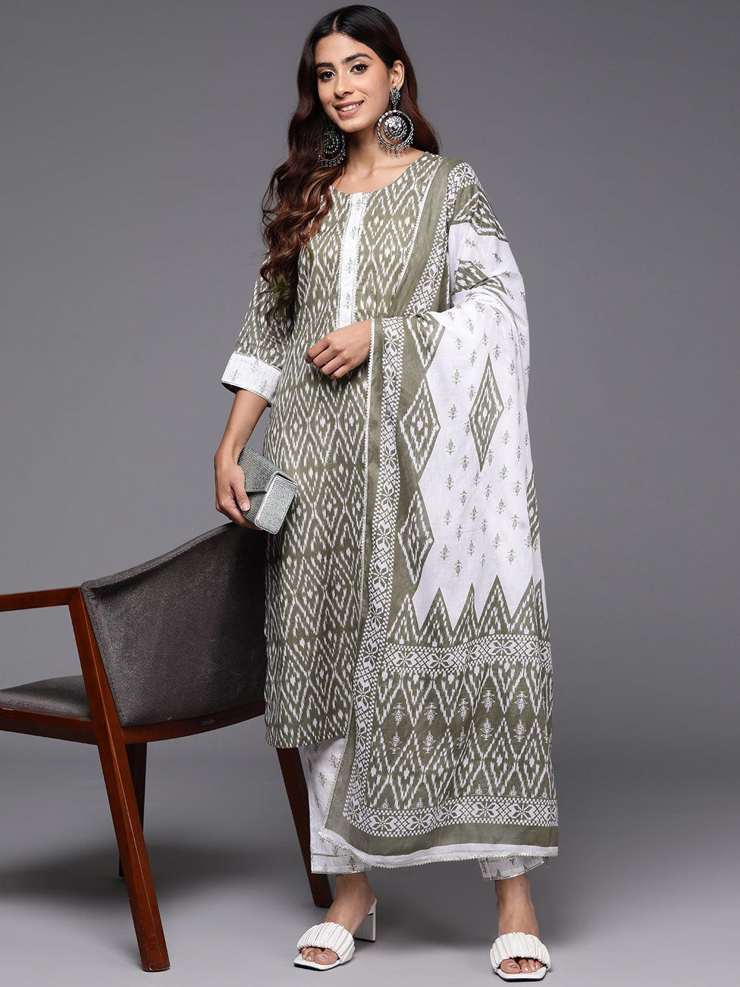 Grey Printed Cotton Straight Suit With Dupatta