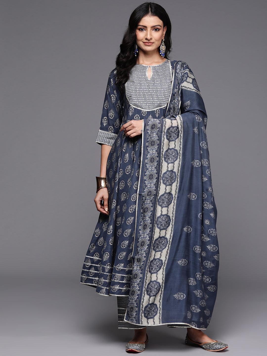 Grey Printed Silk Blend Anarkali Kurta With Palazzos & Dupatta - ShopLibas