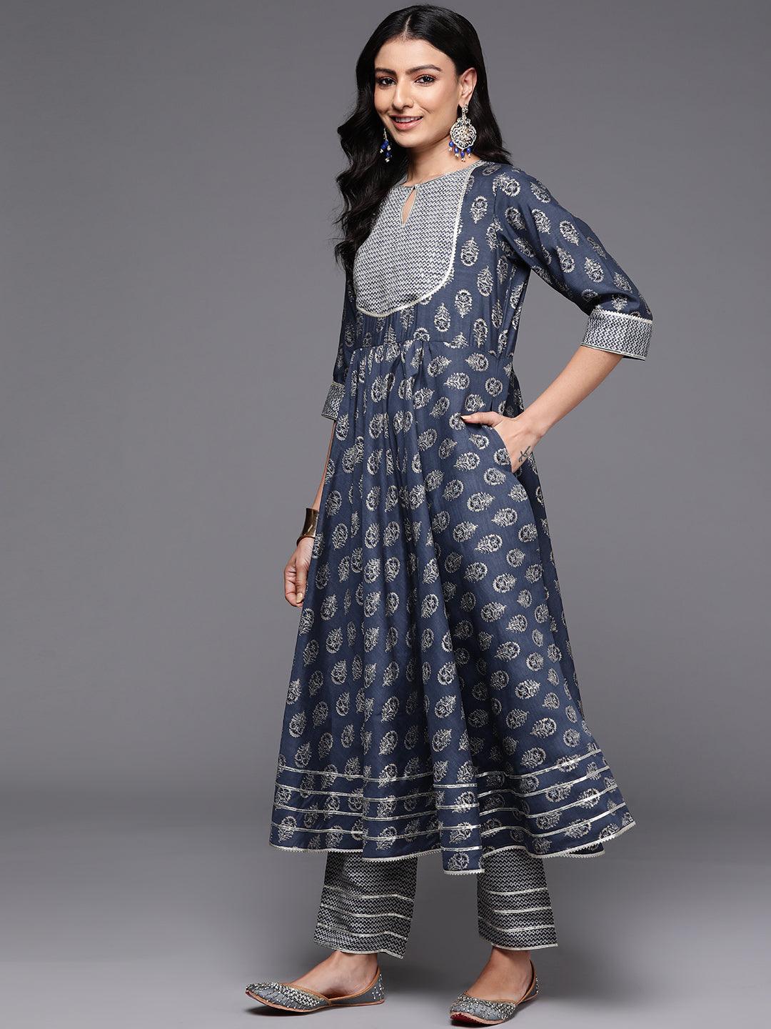 Grey Printed Silk Blend Anarkali Suit With Dupatta