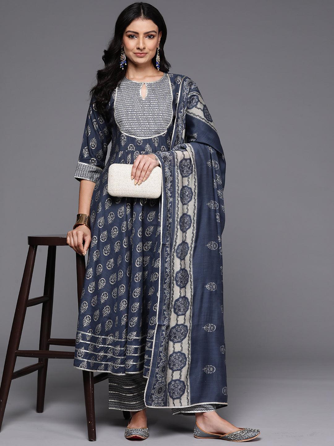 Grey Printed Silk Blend Anarkali Kurta With Palazzos & Dupatta - ShopLibas