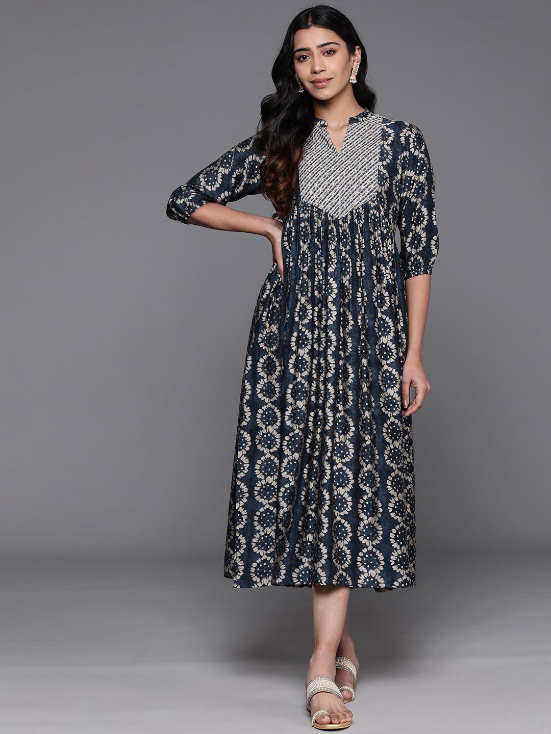 Grey Printed Silk Fit and Flare Dress